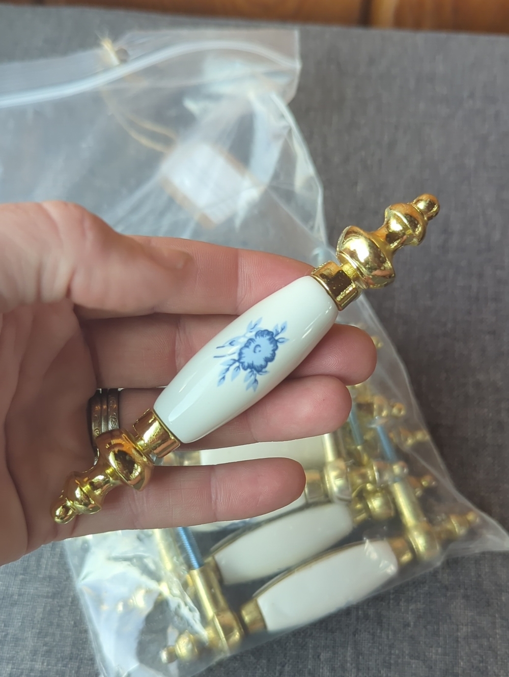 Vintage Ceramic And Brass Blue Floral Cabinet Pulls - 8 Pack